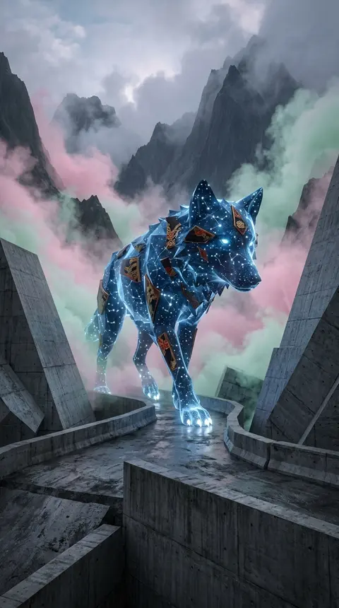 Epic monumental scene in a fog-drenched mountain pass: a colossal wolf formed fr - AI生成图片 3