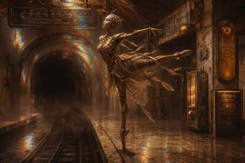 A robotic ballet dancer poised alone on an abandoned subway platform, torso twis - AI生成图片 1