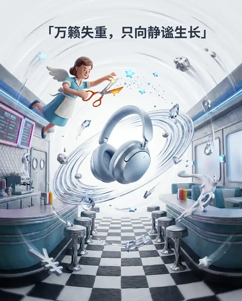 一张超现实商业广告海报：一位星穹园丁在1950年代复古餐车中央轻盈漂浮，正用细长的熔融玻璃园艺钳修剪微型星体与发光星尘， playful whimsical 氛 - AI生成图片 1