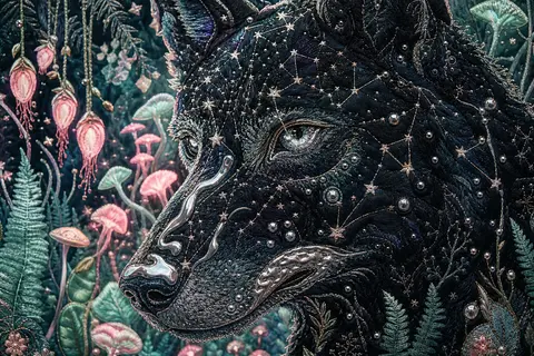Close-up embroidered textile artwork of an otherworldly wolf formed entirely fro - AI生成图片 2