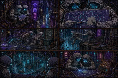 Vertical 6-panel storyboard, 2x3 grid, embroidered textile art, twin astronaut e - AI生成图片 2