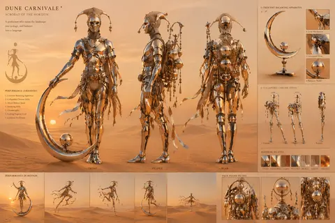 A dreamlike surrealist photo collage character design sheet featuring a masked c - AI生成图片 1