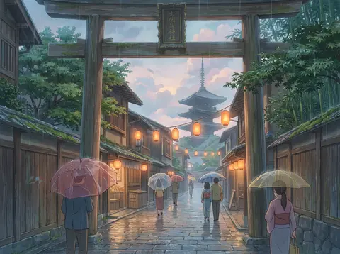 A serene rainy day in a traditional Japanese town, with a temple street leading - AI生成图片 1