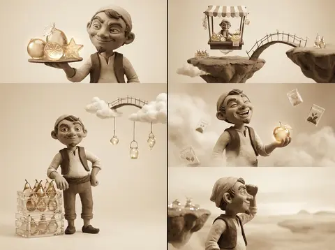 claymation stop-motion collage of a playful market fruit vendor on floating sky - AI生成图片 2