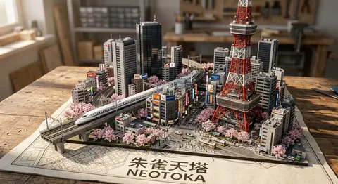 一张超写实微缩场景摄影风格的“NEOTOKA”立体城市模型，仿佛从一张印有城市地图的厚卡纸中精巧地生长而出，地图底部清晰印着大字“NEOTOKA”。画面中心偏右 - AI生成图片 1