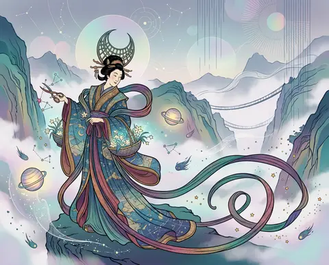 celestial gardener tending newborn stars along a fog-shrouded mountain pass, pla - AI生成图片 4