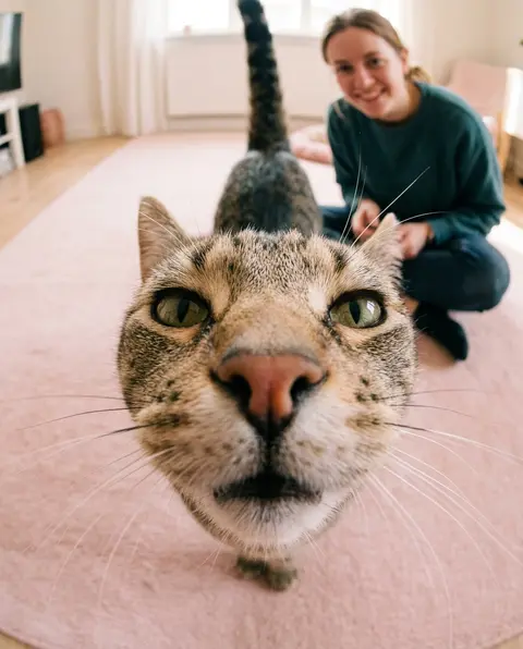 Create an image of me in the same frame as a cat. In a realistic photographic st - AI生成图片 3