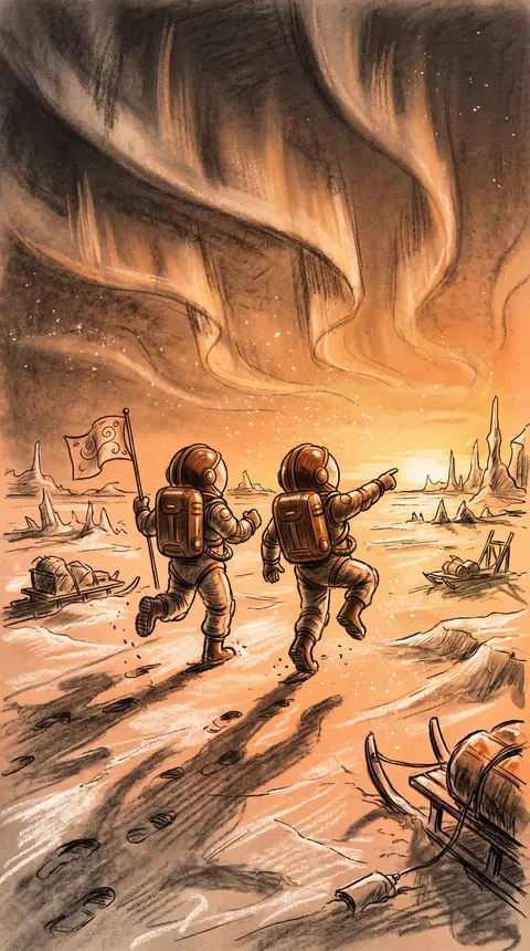 Two jubilant twin astronaut explorers in bulbous vintage pressure suits, skippin - AI生成图片 4
