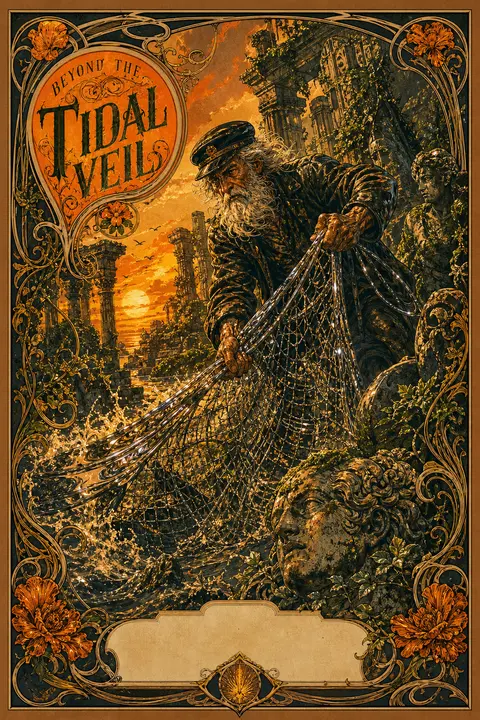 An explosive art nouveau poster of an elderly fisherman hauling a gleaming chrom - AI生成图片 2