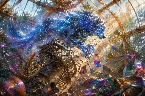 竖版 9:16，水彩故事书插画风格，一座被正午阳光灌满的玻璃温室里，场景像失控的诗意风暴：一只由星群与细碎银河连缀而成的狼正从翻倒的锈蚀铁花架间跃起，身躯由发光 - AI生成图片 2