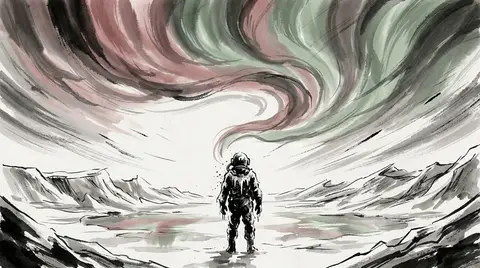 A tense cinematic ink wash scene of a solitary deep-sea diver standing on a froz - AI生成图片 2