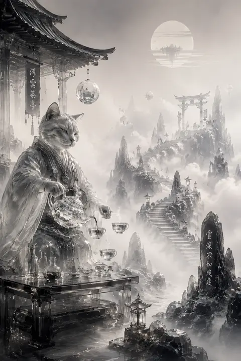 A dreamlike vaporwave tableau of a tea-house cat perched beside a winding high-a - AI生成图片 2