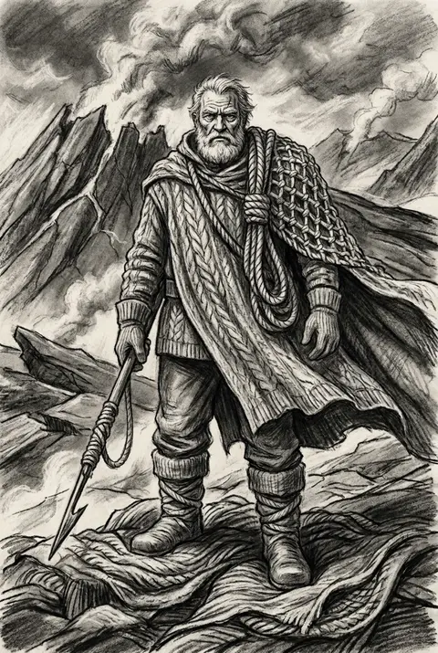 A monumental charcoal-sketch tableau of an elderly fisherman standing full-lengt - AI生成图片 3
