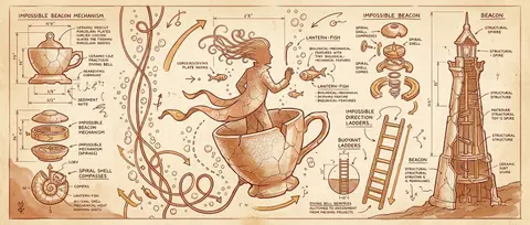 Whimsical blueprint schematic of an eccentric lighthouse keeper drifting through - AI生成图片 1
