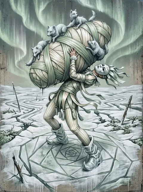 A masked carnival acrobat in mid-strain balances a massive cocoon-shaped relic w - AI生成图片 1