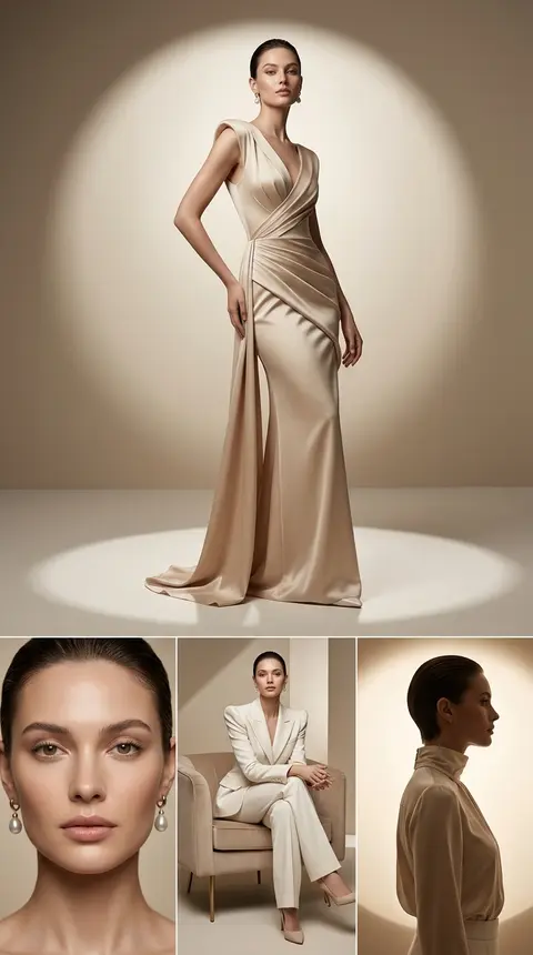 High-fashion editorial collage in a tall vertical layout, featuring **Elara Voss - AI生成图片 3