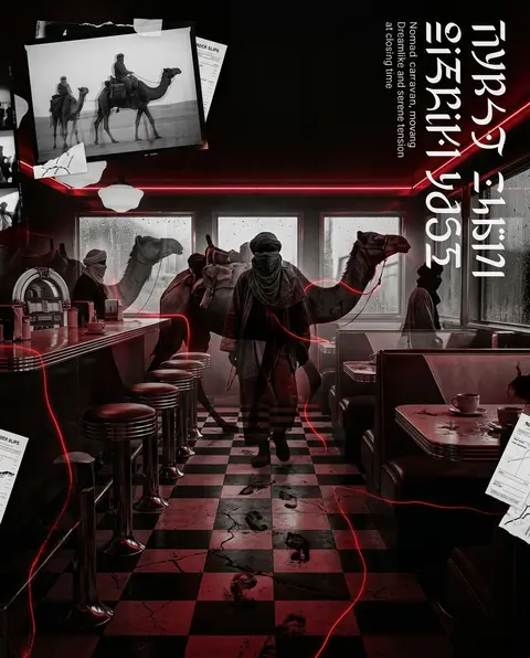 double-exposure editorial poster, a desert nomad caravan drifting through the ai - AI生成图片 1