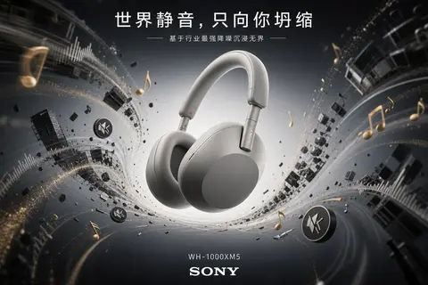 为Sony WH-1000XM5降噪耳机制作「万有引力」产品广告海报。主体：Sony WH-1000XM5降噪耳机悬浮于视觉中心，作为强大引力源，将可视化声波波 - AI生成图片 2