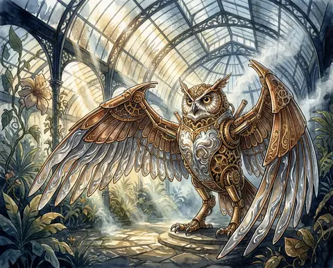 A colossal clockwork owl stands at the heart of a vast sun-drenched greenhouse l - AI生成图片 2