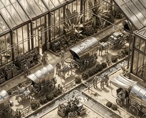 isometric miniature scene inside a sunlit greenhouse, tense cinematic atmosphere - AI生成图片 1
