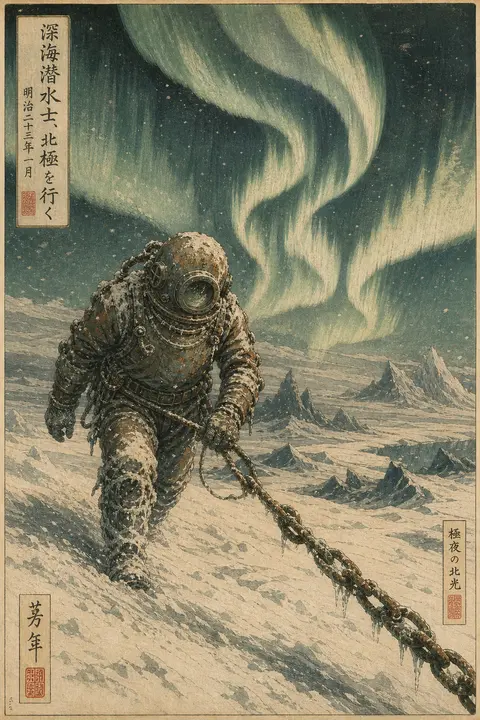 A tense, cinematic ukiyo-e woodblock portrait of a solitary deep-sea diver cross - AI生成图片 1