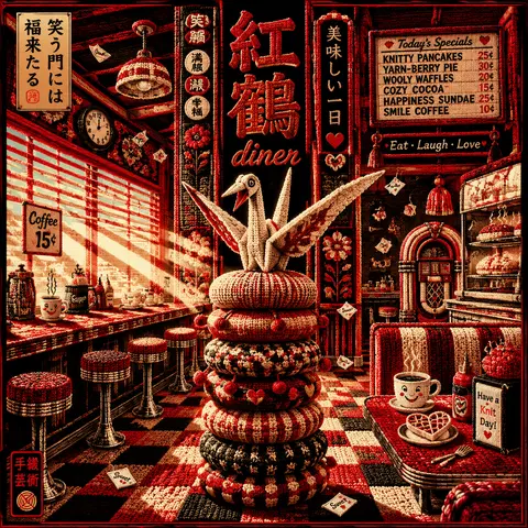 A jubilant living origami crane posed atop a towering stack of knitted wool cush - AI生成图片 1