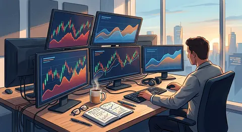 Editorial illustration of a financial news desk with multiple monitors displayin - AI生成图片 2