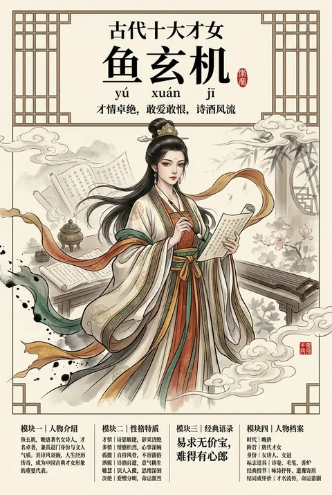 一张竖版 3:4、4K 超清的高端国风信息海报，主题人物为【鱼玄机】，整体为收藏级中国古典人物设定海报。画面采用中国水墨、淡彩工笔、宣纸肌理、传统中式纹样与现代 - AI生成图片 1