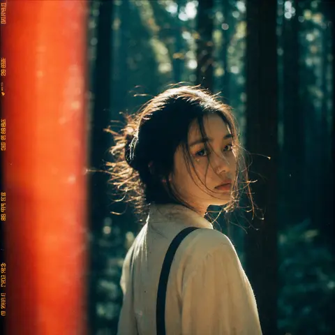 A moody 35mm film-still portrait of an Asian woman paused mid-turn in a secluded - AI生成图片 2
