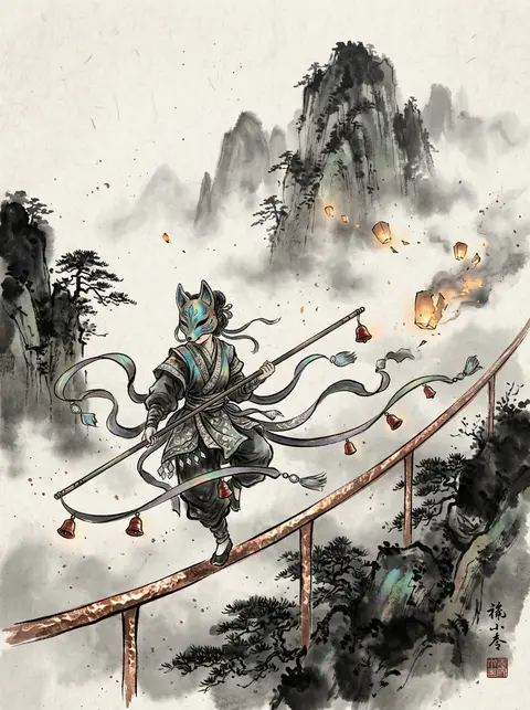 Masked carnival acrobat balanced on a hammered-copper rail in a fog-shrouded mou - AI生成图片 2