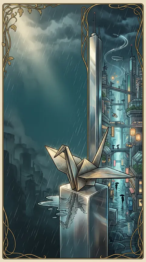 a living origami paper crane poised atop a monumental polished chrome monolith, - AI生成图片 3
