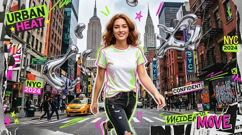 Mixed media collage animation style, a stylish young woman walking confidently t - AI生成图片 1