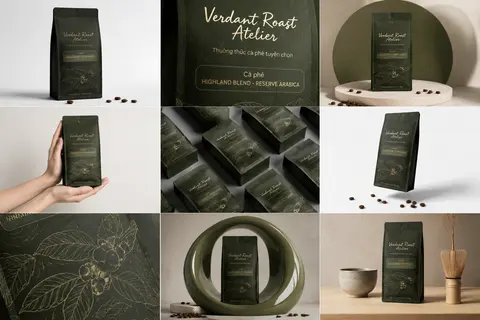 一张高端极简商业产品摄影拼贴海报，9宫格版式，展示同一款精品咖啡豆包装袋的多角度品牌视觉 mockup；主体是一只直立式咖啡软袋，哑光深橄榄绿与黑绿色包装，表面 - AI生成图片 1