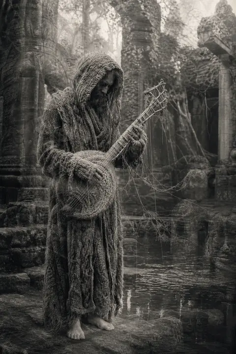 A dreamlike double-exposure photograph of a wandering street musician draped in - AI生成图片 2