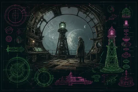 Orbital survival log rendered as a blueprint schematic: a melancholic lighthouse - AI生成图片 2