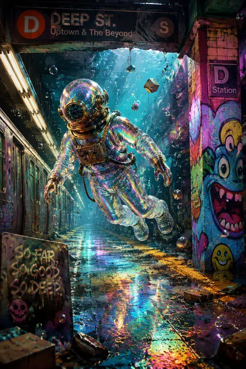 a translucent resin deep-sea diver drifting through a forgotten subway platform, - AI生成图片 2