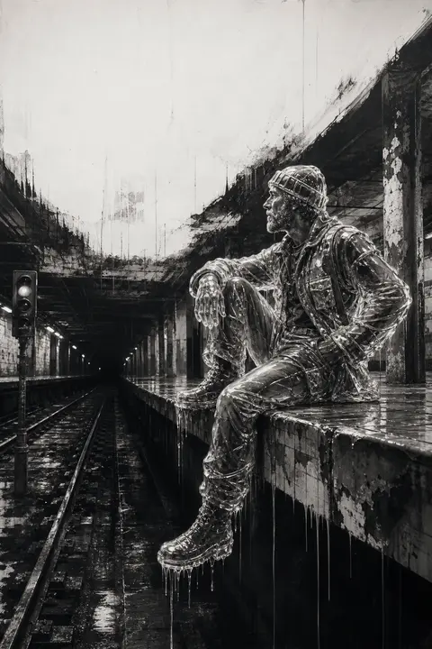 a quiet, intimate graffiti street mural of a solitary lighthouse keeper perched - AI生成图片 2