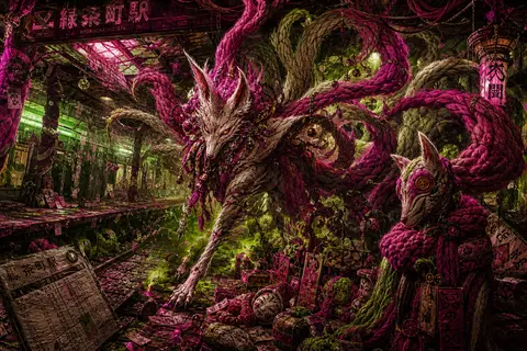 A feral nine-tailed fox spirit explodes across an abandoned subway platform tran - AI生成图片 1