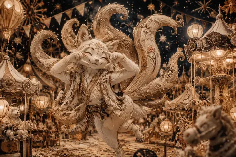 A jubilant nine-tailed fox spirit prancing through a midnight carnival, its tail - AI生成图片 2