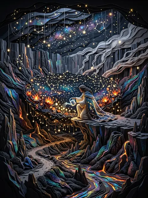 a celestial gardener tending stars in a volcanic wasteland, epic monumental laye - AI生成图片 2