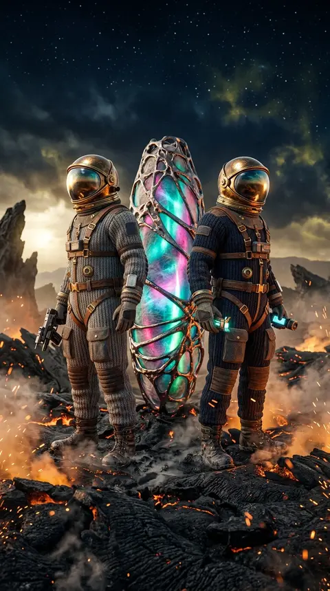 Two twin astronaut explorers in hand-stitched pressure suits of ribbed knitted w - AI生成图片 2
