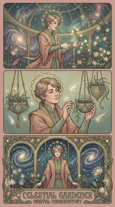 Vertical 3-panel collage, 9:16, art nouveau poster of a celestial gardener tendi - AI生成图片 1