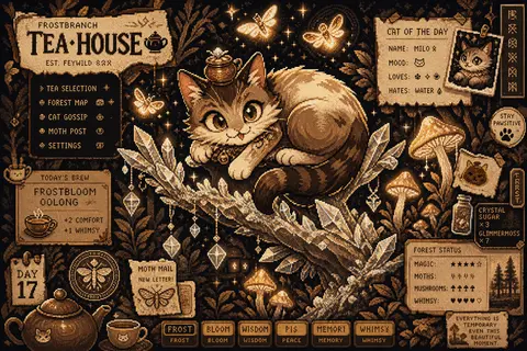 a playful 16-bit pixel art tea-house cat curled on a frost-crusted crystal branc - AI生成图片 2