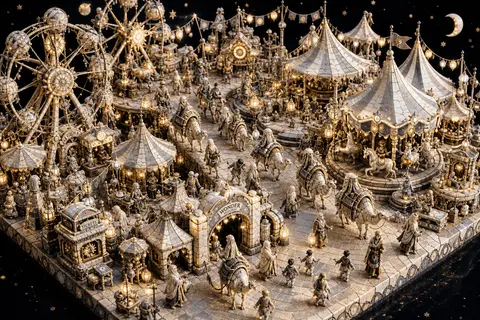 Isometric miniature scene of a jubilant desert nomad caravan winding through a m - AI生成图片 2