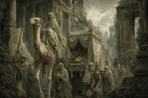 A vertical baroque oil painting of a desert nomad caravan pausing within ancient - AI生成图片 2
