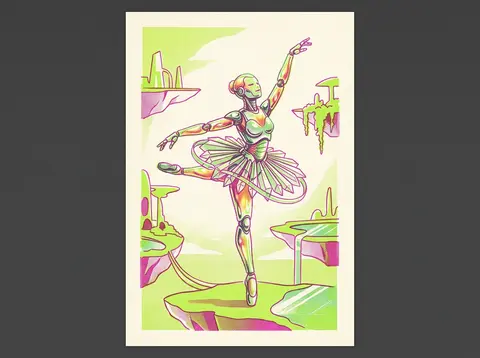 A joyful sun-drenched risograph poster of a robotic ballet dancer poised on a dr - AI生成图片 2