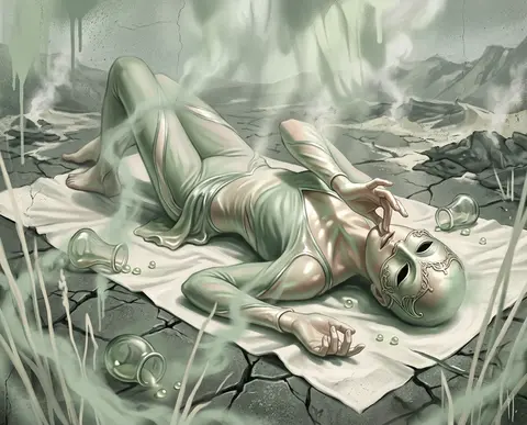A masked carnival acrobat sprawled diagonally across a fractured volcanic plain, - AI生成图片 1