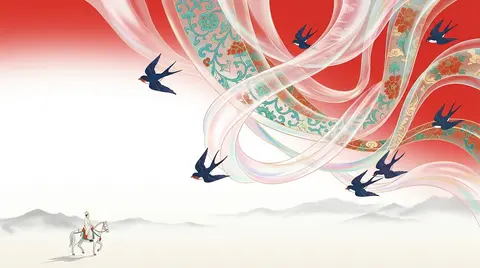 9:16 竖版，新中式东方美学极简插画，敦煌壁画与现代国潮视觉融合，东方古典丝路意境海报。画面以高饱和朱砂红、赤红渐变背景为主，上半部与左侧保留大面积纯净留白， - AI生成图片 2