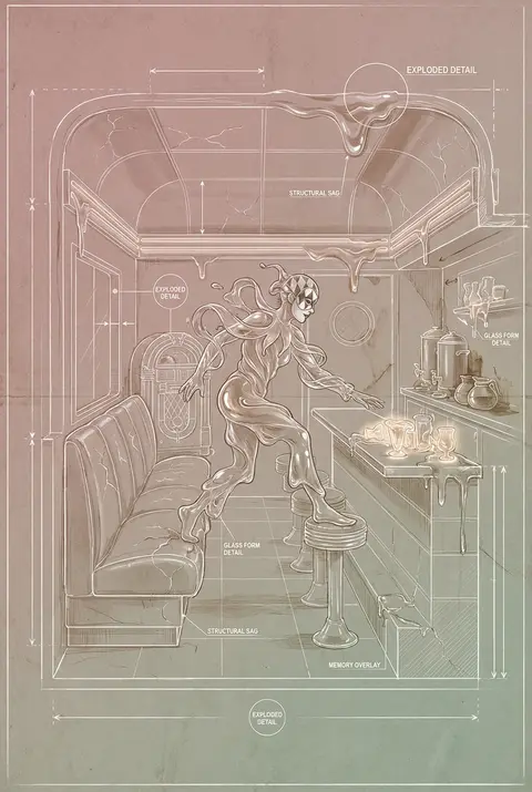 A wistful blueprint-style scene inside a 1950s chrome diner, centered on a maske - AI生成图片 1