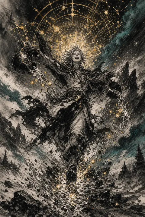 A wild charcoal-sketch spectacle of an androgynous celestial horticulturist char - AI生成图片 2